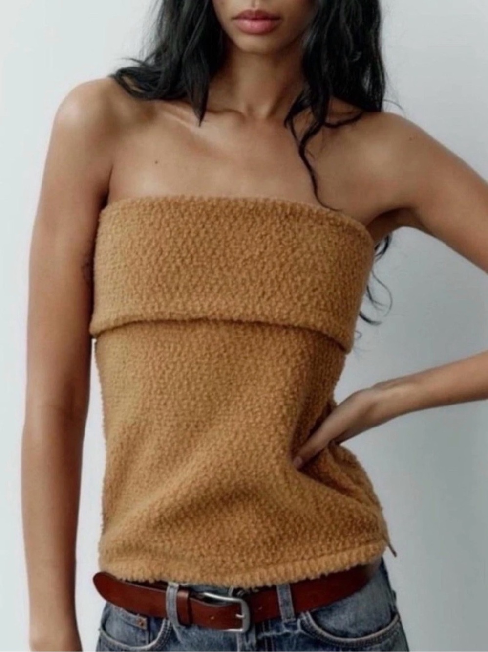 Zara / Teddy Tube Top Sherpa Strapless Camel Brown